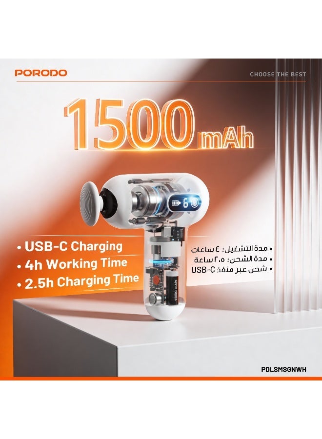 porodo 15W Mini Massage Gun with 4 Head / 4 Hour Working Time / Digital Touch Display / 6 Adjustable Speed / Type-C Charging / Portable & Lightweight - White - Image 4